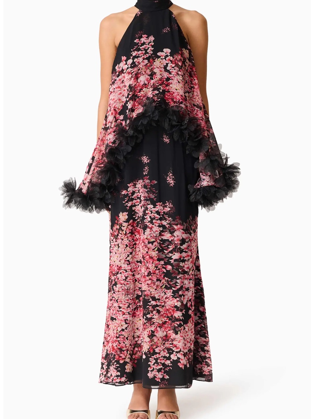 Elliatt Tulsia Floral Georgette Gown Black and Pink Floral Halter Maxi Dress